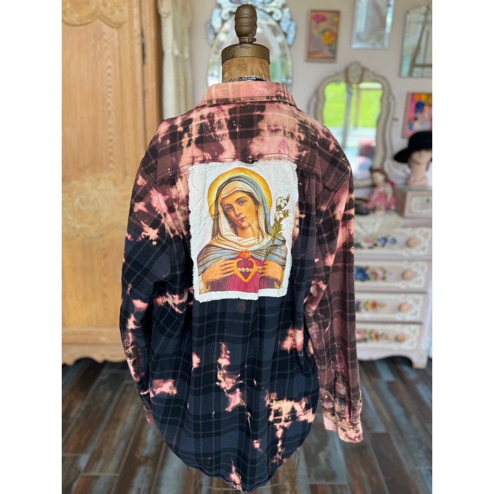 One-of-a-Kind Sacred Heart Mary Bleached Flannel Shirt Wearable Art | Large Tall - Picture 6 of 9